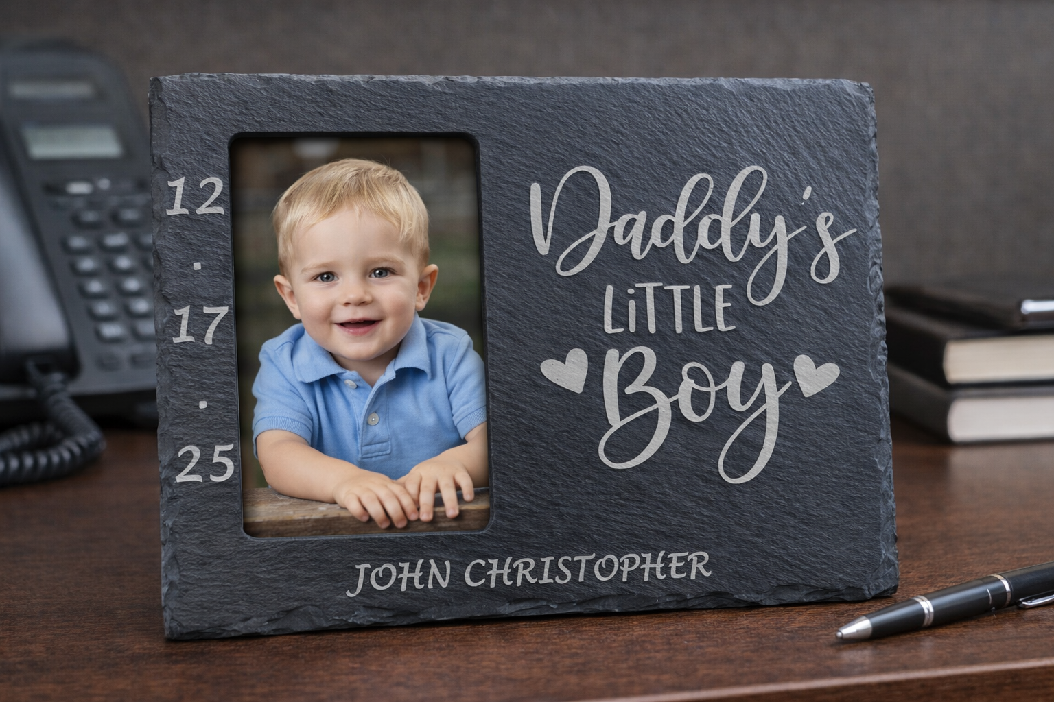 Custom engraved slate birth announcement frame for baby and family keepsakes