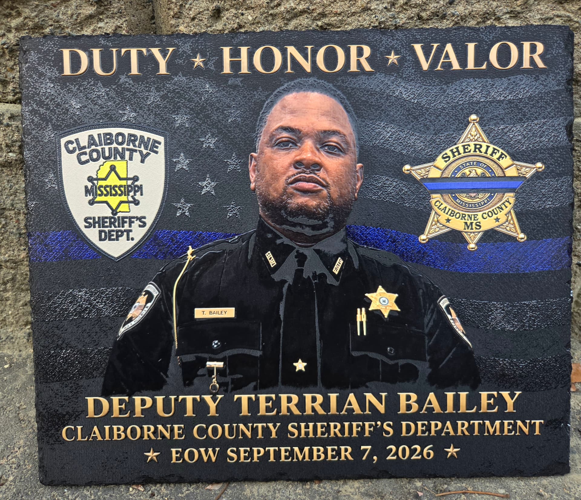 Full color custom slate memorial plaque honoring Deputy Terrian Bailey of the Claiborne County Sheriff's Department, Mississippi, EOW September 7, 2026