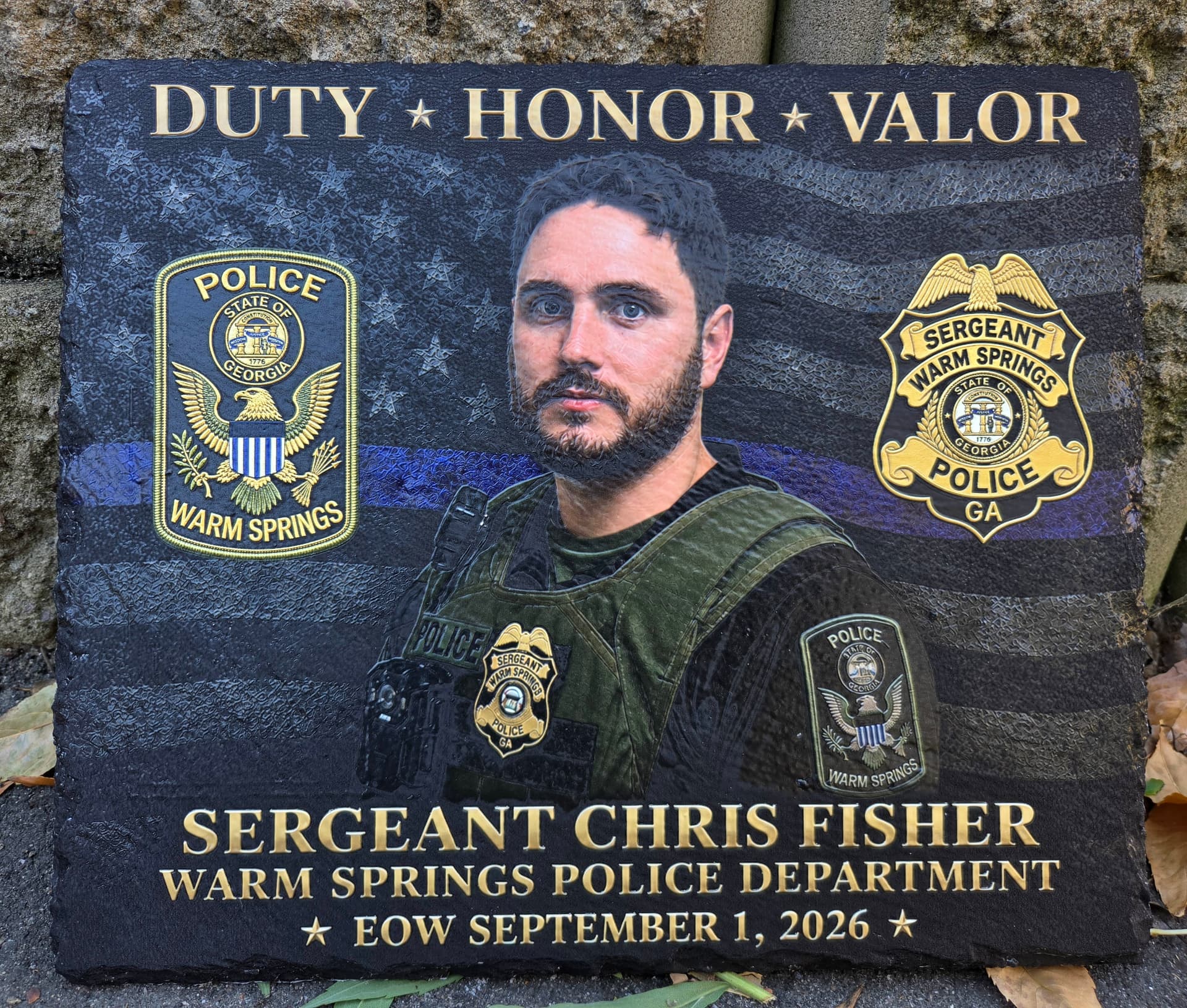 Full color custom slate memorial plaque honoring Sergeant Chris Fisher of the Warm Springs Police Department, Georgia
