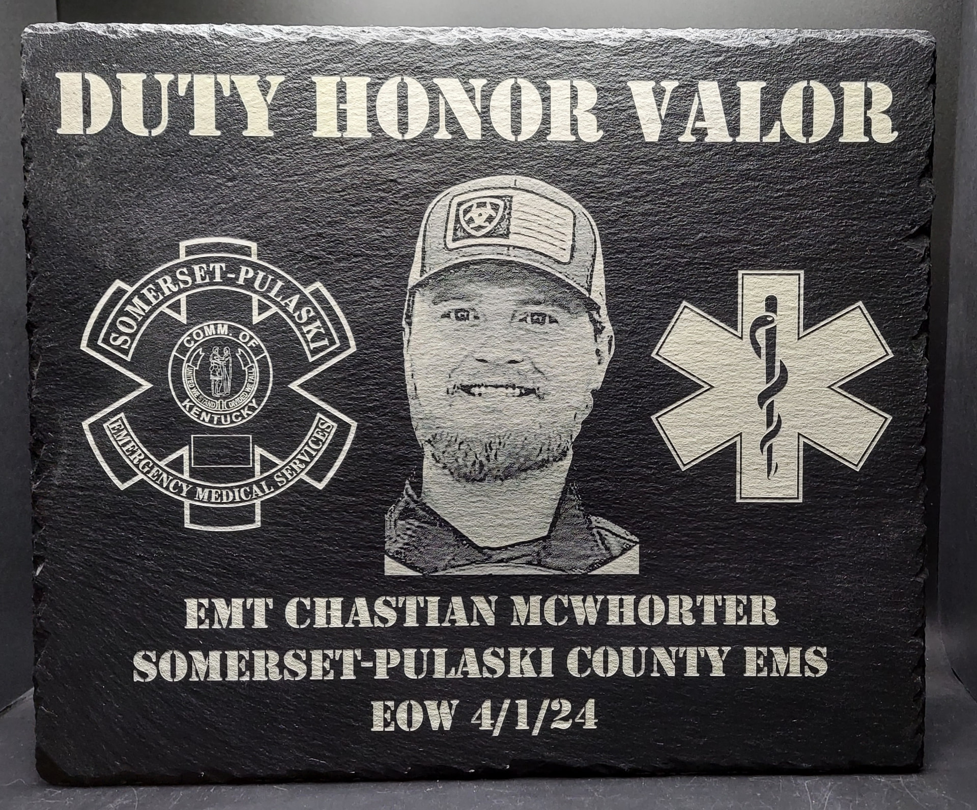 Custom engraved slate EMS memorial plaque with star of life and agency name