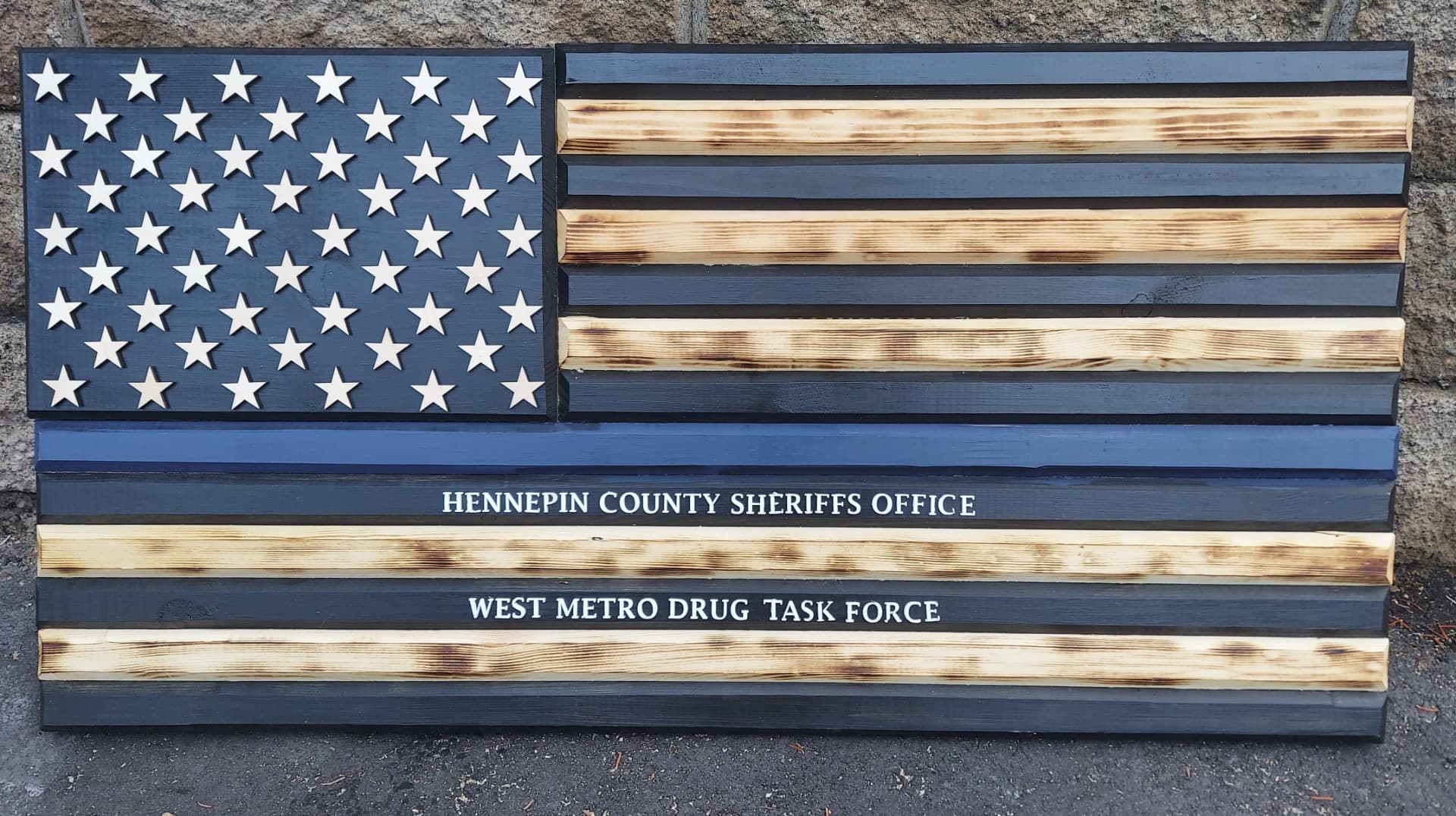Custom engraved wood American flag with thin blue line for Hennepin County Sheriff's Office West Metro Drug Task Force