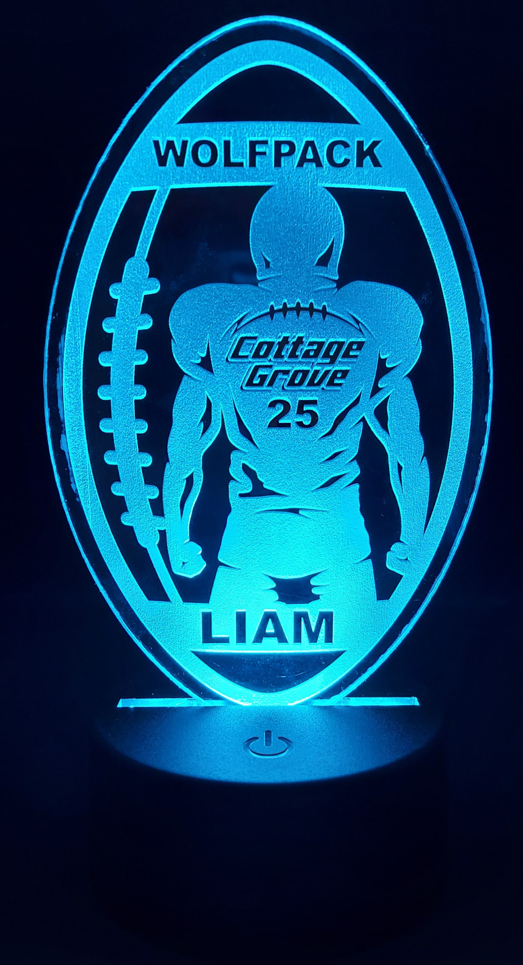 Personalized LED acrylic football sign for Cottage Grove Wolfpack player Liam