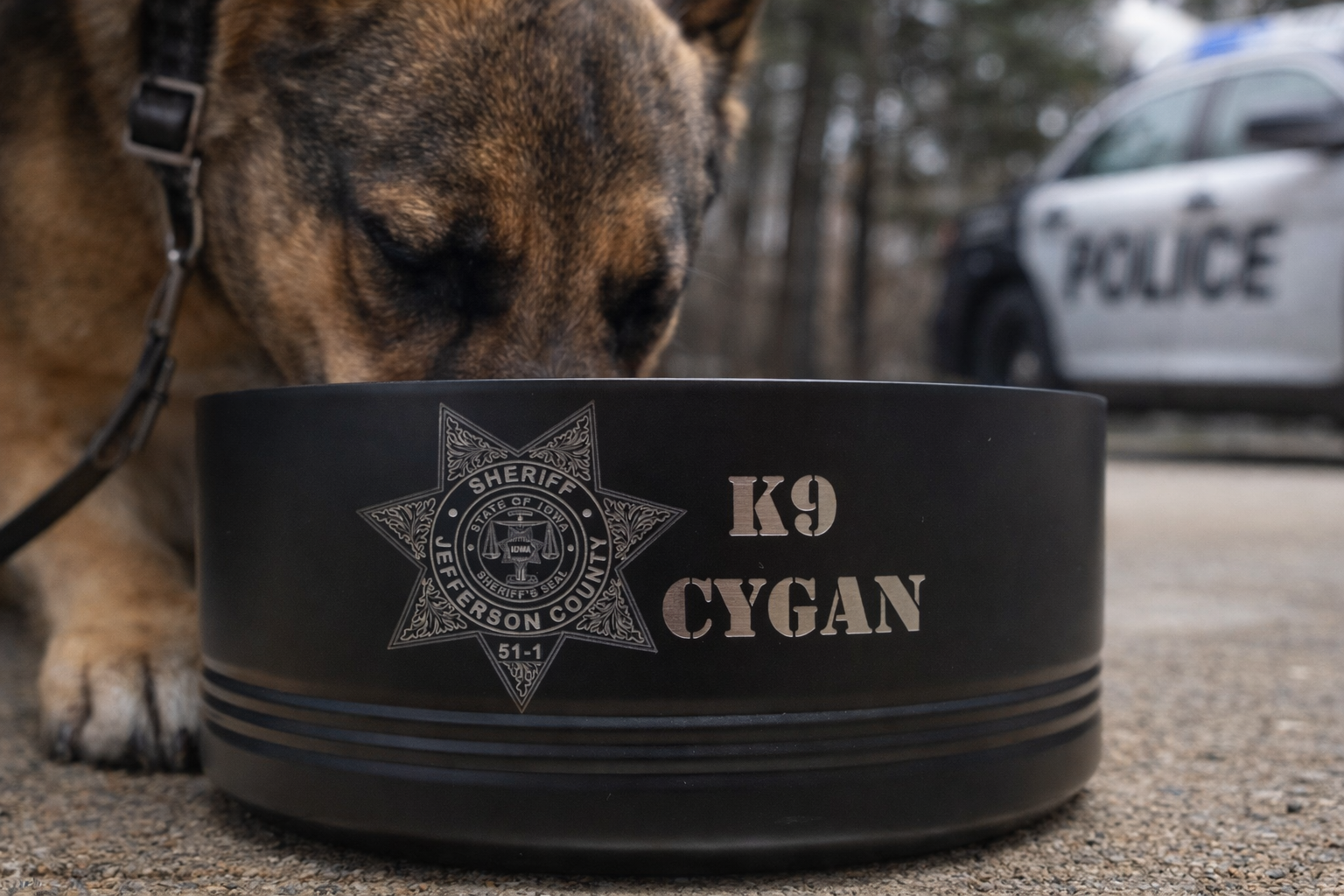 Custom engraved K9 memorial bowl honoring K9 Cygan
