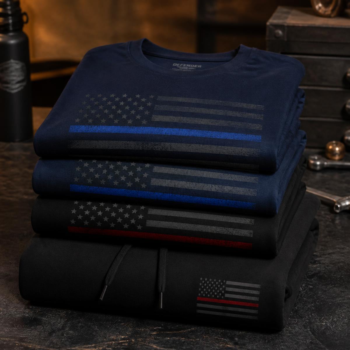 Folded custom printed thin blue line and thin red line apparel